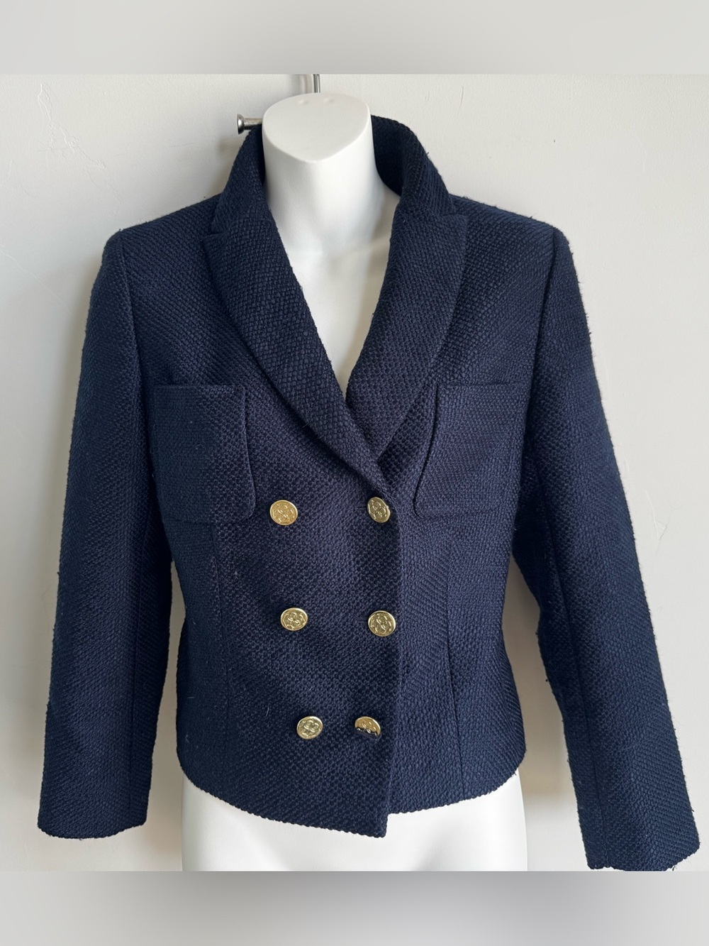 Ann Taylor Navy Double-Breasted Textured Blazer with Gold Buttons